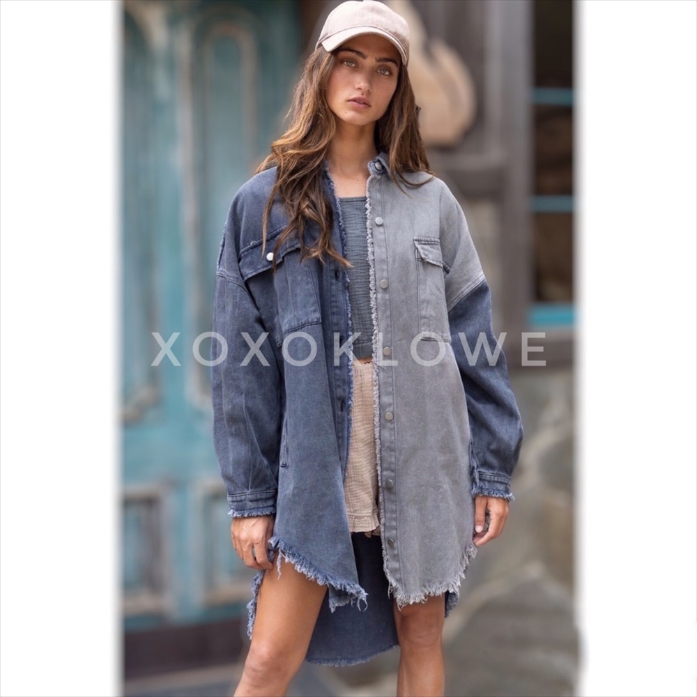 POL Oversized Denim Shacket | Blue Gray Colorblock Longline Jacket - Picture 3 of 10